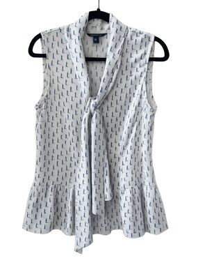 Tommy Hilfiger Lighthouse Print Sleeveless Tie-Neck Blouse Size 10